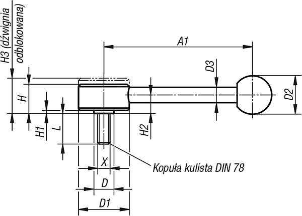 Dźwignie nastawne płaskie K0114 z gwintem zewnętrznym
